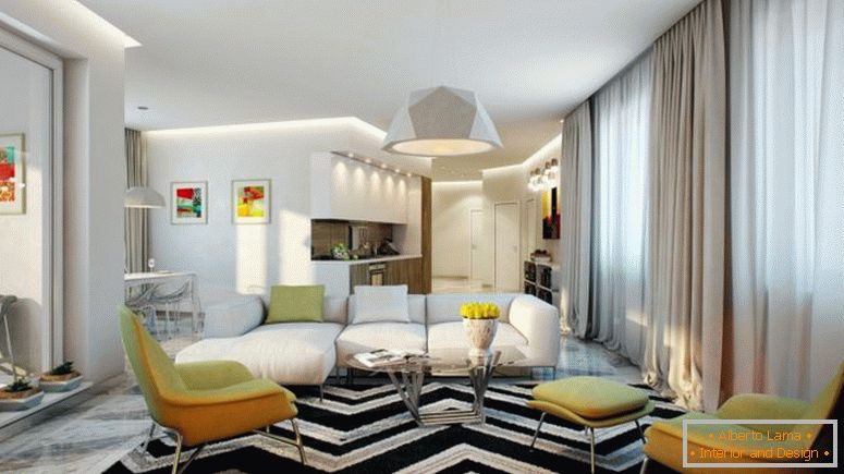 soggiorno-con-grande-nero-e-bianco-tappeto-e-angolo-divano-nel centro