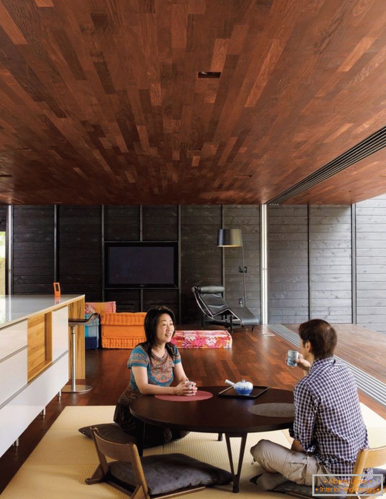 moderno-giapponese-soggiorno-mobili-set-con-scuro-legno-caffè-impressionante-pranzo-design-idee-cucina-spazio-tavolo-e-area-tappeto soffitto-design-impressionante-giappone interior-design interno -design-college-BL