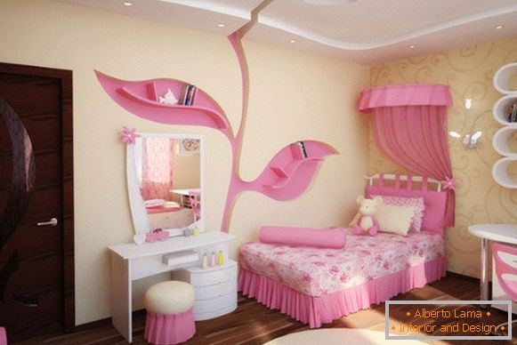 interno di una stanza per bambini per una ragazza in toni gialli e rosa