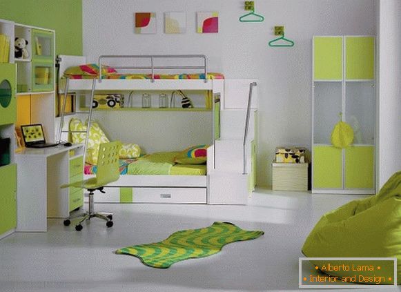 Design moderno degli interni di una camera da letto per bambini in una combinazione di colori verde chiaro