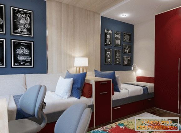 una variante del design degli interni di una camera da letto per bambini per due adolescenti