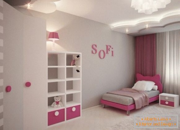 просторный серо-розовый interno della camera da letto per bambini