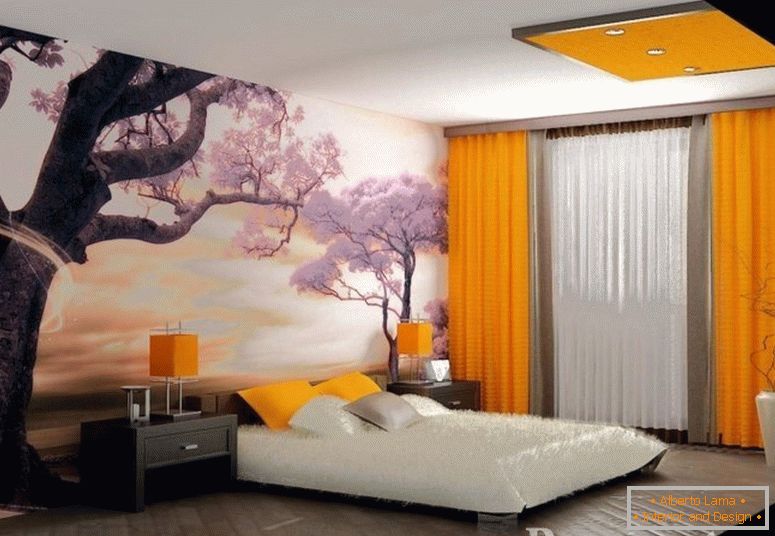 Foto di sfondi con sakura e tende arancioni nella camera da letto