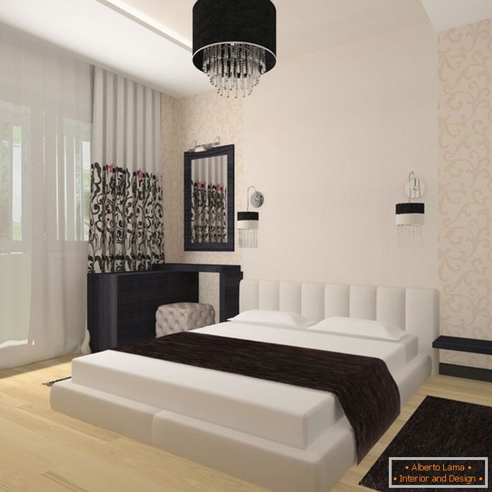 Un eccellente esempio del fatto che il design della camera da letto in stile Art Nouveau non dovrebbe essere ingombrante e sovraccaricato di piccole cose. Una stanza spaziosa con un numero minimo di elementi decorativi sembra degna in una forma completa.
