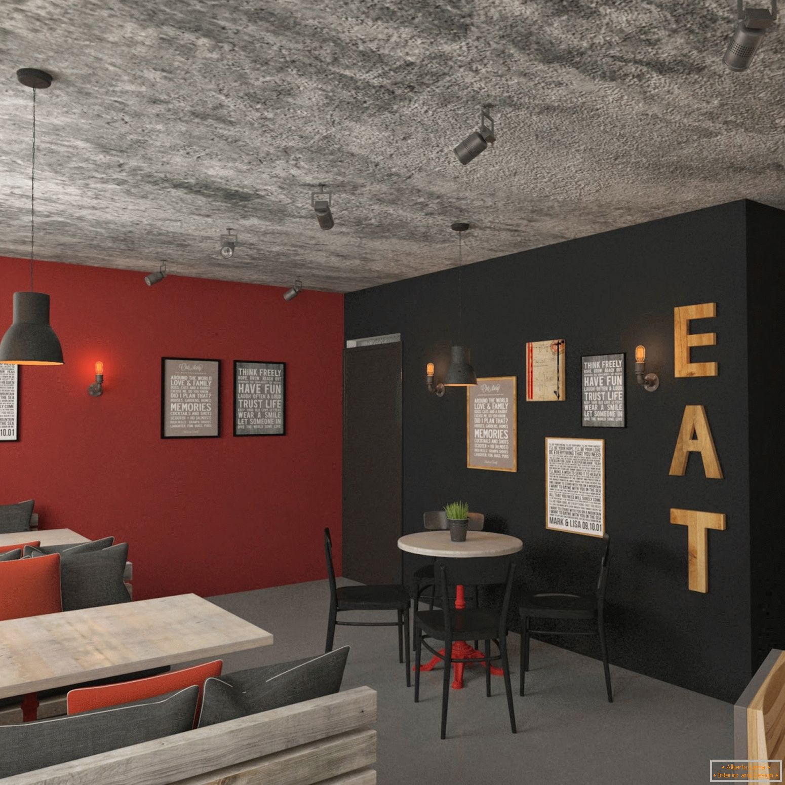 Soffitto di cemento nella caffetteria in stile loft