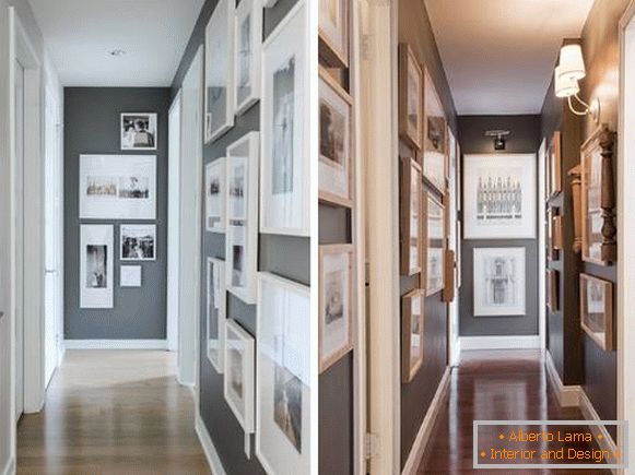 Progettazione di uno stretto corridoio nell'appartamento con foto e dipinti alle pareti