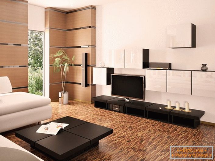 Elegante camera moderna in colore bianco e beige chiaro decorata con mobili in legno scuro.