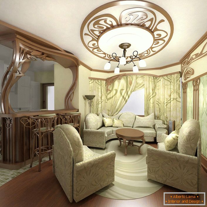 Mobili raffinati per un piccolo soggiorno in stile Art Nouveau in un appartamento a Mosca.