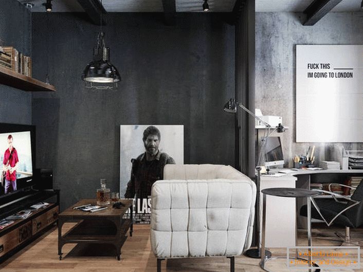 L'imitazione dei muri di cemento spoglio è una soluzione eccellente per un ufficio in stile loft.