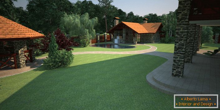 Il design del cortile della casa di campagna è realizzato tenendo conto dello sbarco del prato inglese. 