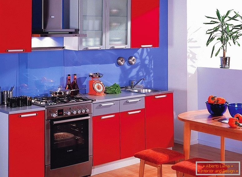 Cucina blu e rossa