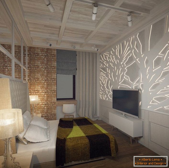 La camera da letto è stata progettata in base ai requisiti di stile del loft. L'attenzione disegna un pannello murale da cartongesso con retroilluminazione a LED. 