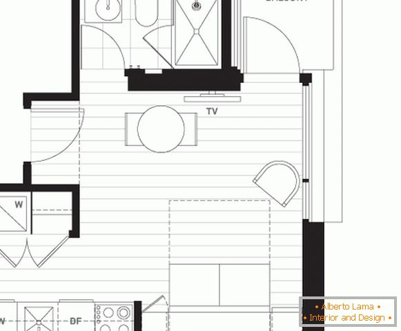 La disposizione di un piccolo monolocale con balcone