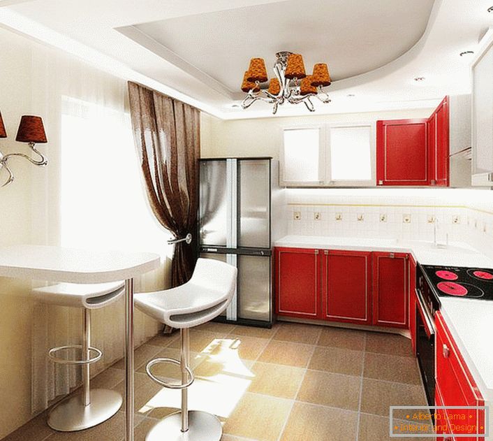 Progetto di design per la cucina in un appartamento ordinario a Mosca. Combinazione di colori contrastanti, arredamento funzionale, non appesantito da mobili, illuminazione laconica - indici di stile impeccabile del proprietario dell'abitazione.