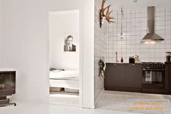 Cucina interior design in piccoli appartamenti studio - foto in bianco e nero