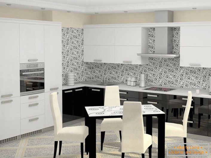 Una cucina bianco-nero in stile high-tech con elettrodomestici incorporati si inserisce organicamente nel concetto generale di un'idea di design. 