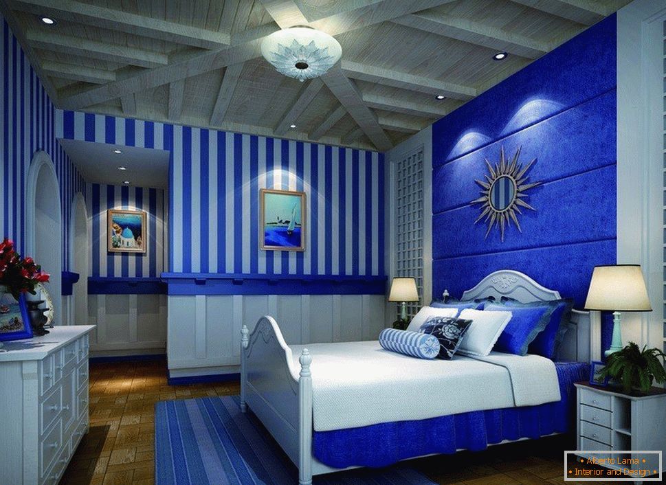 Interno camera da letto bianco e blu