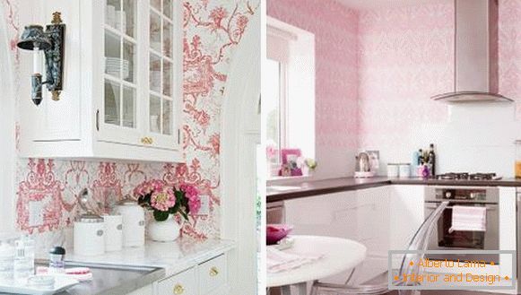 Cucina rosa con carta da parati sui muri