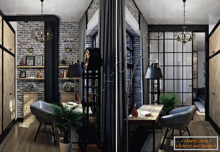 Soluzione elegante per l'ufficio. Lo stile loft è un'interessante decorazione d'interni. I mobili moderni sembrano redditizi sullo sfondo della finitura grezza del mattone grigio. 