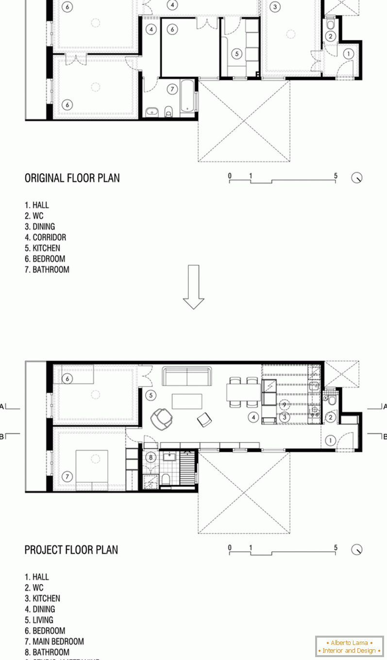 Layout di un appartamento con soffitti alti prima e dopo le riparazioni