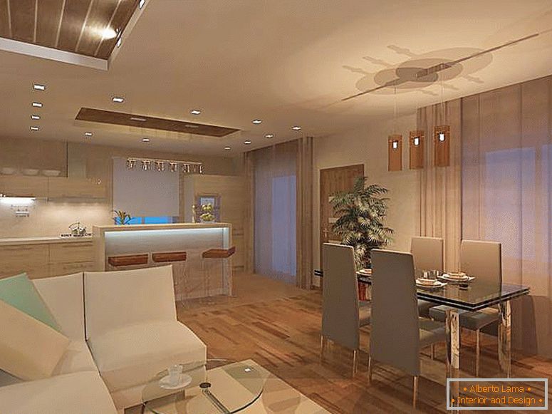 Il soggiorno minimalista è combinato con la cucina. Per lo stile minimalista, l'uso di lampadari a soffitto non è tipico, l'opzione migliore è l'illuminazione a LED.
