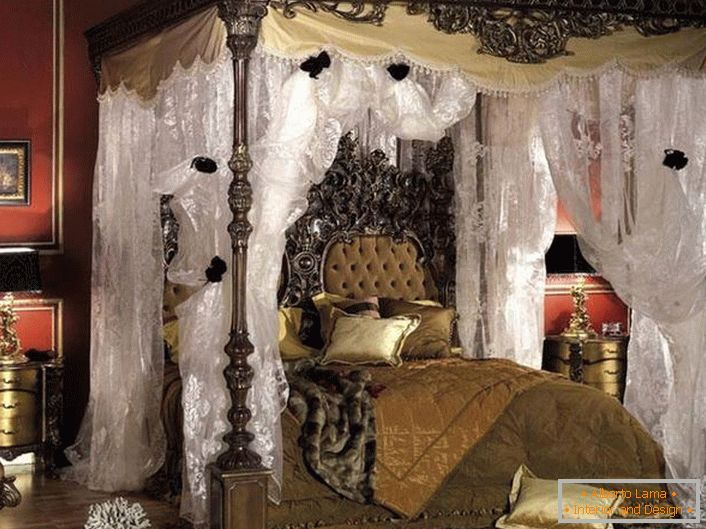 Design adeguato della camera da letto barocca in colori scuri.