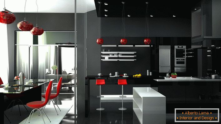 Elegante studio con originali mobili high-tech. Il colore rosso guarda sempre sullo sfondo bianco e nero dell'interno.