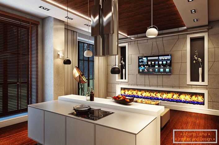 Quindi sembra un biocamino all'interno di una spaziosa cucina in stile high-tech.