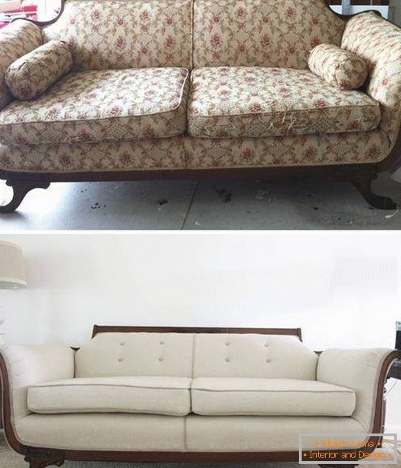 Restauro di mobili imbottiti - foto del divano prima e dopo