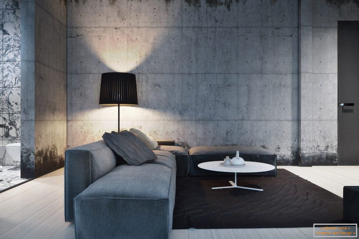 Soggiorno in stile minimalista con pavimento grigio