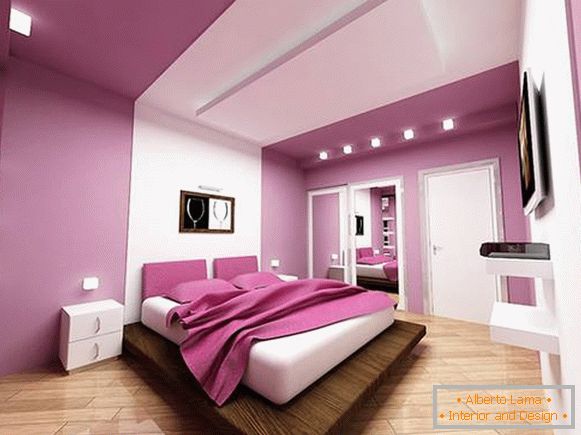 Design moderno della camera da letto in luminoso colore lilla