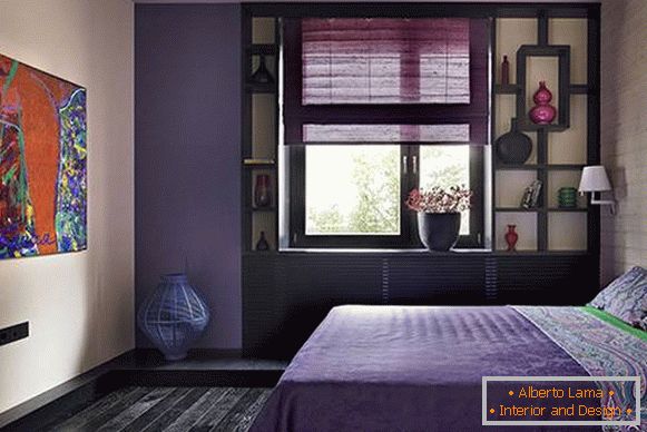 Camera da letto in viola - un design fotografico con un albero scuro