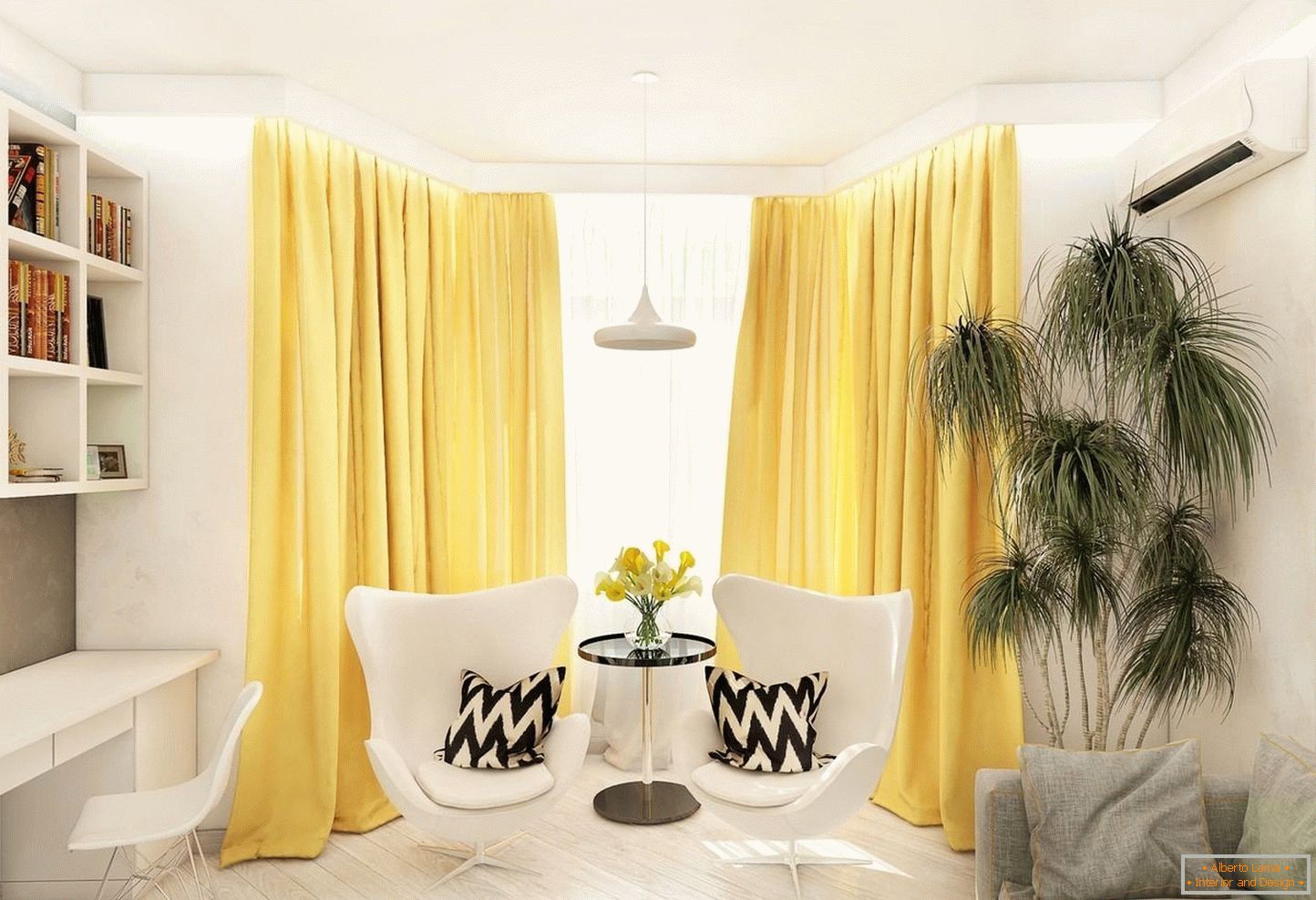 Tende gialle nel soggiorno bianco