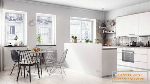 Cucina e sala da pranzo nell'appartamento monolocale scandinavo