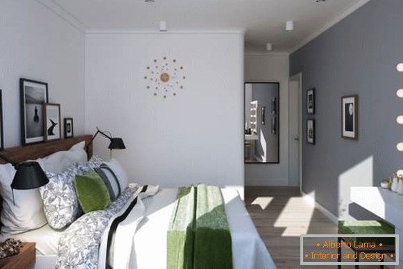 Progetto di una camera da letto in un appartamento di due stanze in stile scandinavo