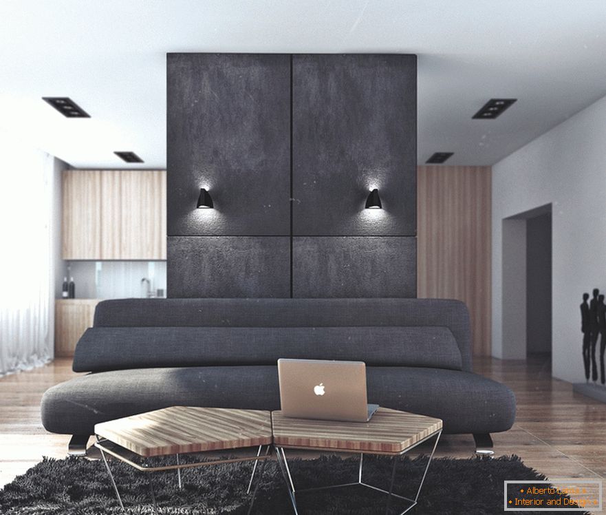 La combinazione di nero e legno nel soggiorno in un appartamento per uno scapolo di successo in Russia
