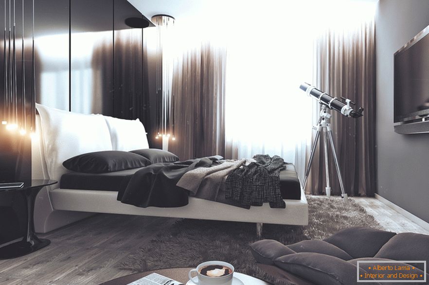 Camera da letto in bianco e nero in un appartamento per uno scapolo di successo in Russia