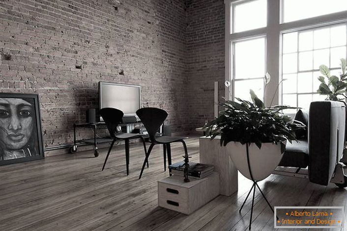 Laminato grigio scuro nel soggiorno sembra perfetto. Per la decorazione degli interni in stile loft, è possibile utilizzare immagini insolite.