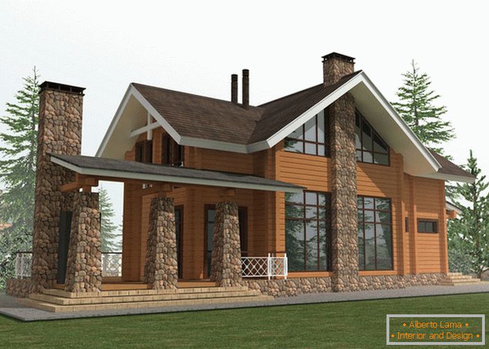 Il progetto di design di una casa di campagna nello stile di uno chalet si basa sull'uso per la costruzione di una struttura in legno e pietra naturale.