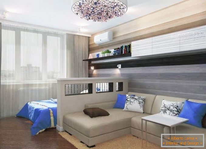 Progetto di un bilocale con camera per bambini - foto di una camera da letto combinata del soggiorno