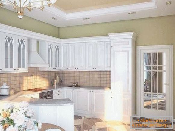Interno di una piccola cucina in una casa privata - cucina bianca in stile classico