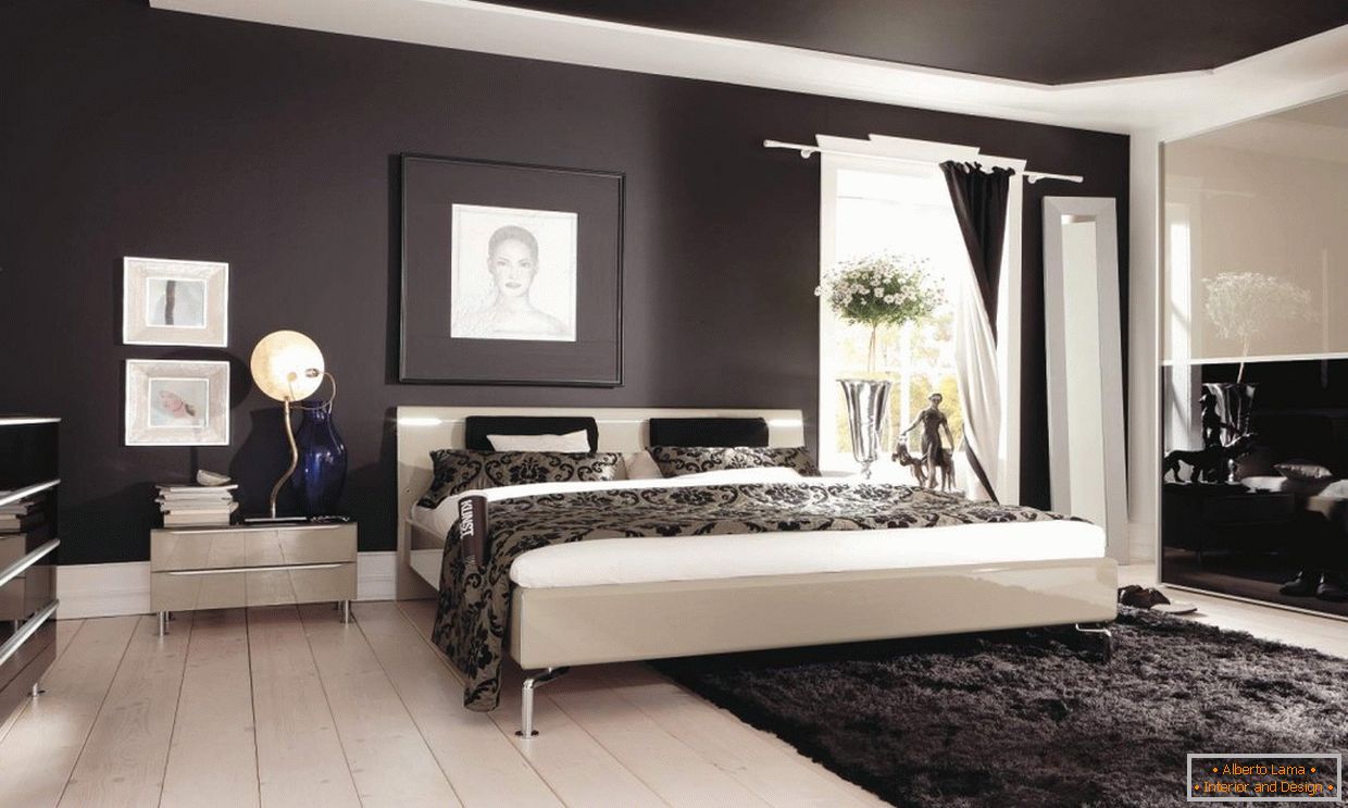 Design della camera da letto con soffitto scuro