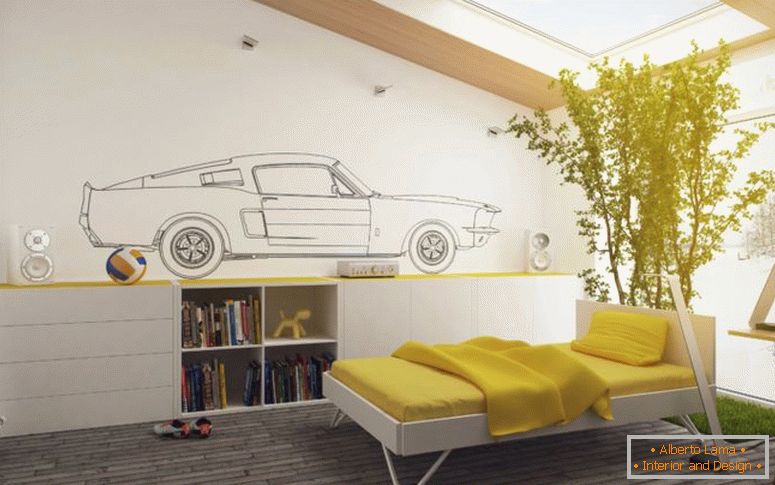 attraente-giallo-e-bianco-kids-camera da letto-decor-con-big-cool-impianti-decorazione-twin-bed-and-legno-mobili-libreria-on-marrone-legno-piano-più-grande-Clear- vetro-tetto apribile-come-bene-come-ufficio-design-la