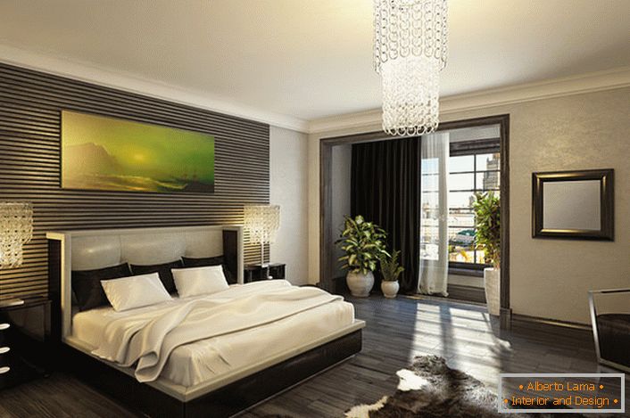 Chic e lusso di un'elegante camera da letto in stile Art Deco. Il classico contrasto di bianco e nero è ideale per questa direzione stilistica. 