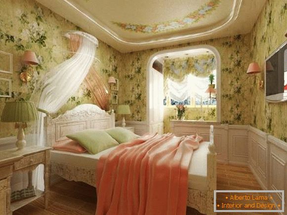 La combinazione di colori all'interno della camera da letto Provenza - tende e carta da parati