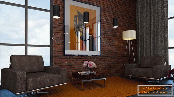 Progetto di design per il soggiorno in stile loft. Un'opzione eccellente per appartamenti urbani.