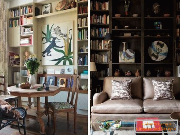 Scaffali con libri e decorazioni nel design del soggiorno