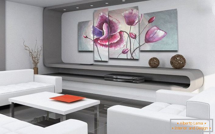 Un buon esempio di interior design in stile high-tech con l'uso di dipinti modulari. 