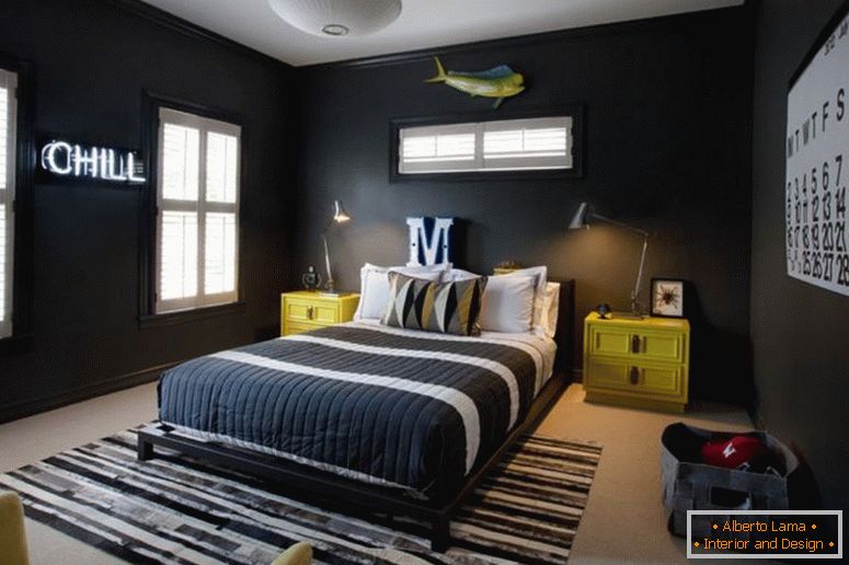 dark-bedroom-idee-teenege-decor-giallo-minimalista-armadio-dolce-design-spaziosa-legno-desk-scienziato-the-jersey-rack-tv-nero-book-mensole-ombrello-illuminazione-e-bianco- sporge-in