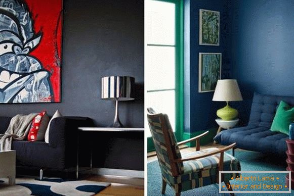 Pareti blu scuro nel design del soggiorno